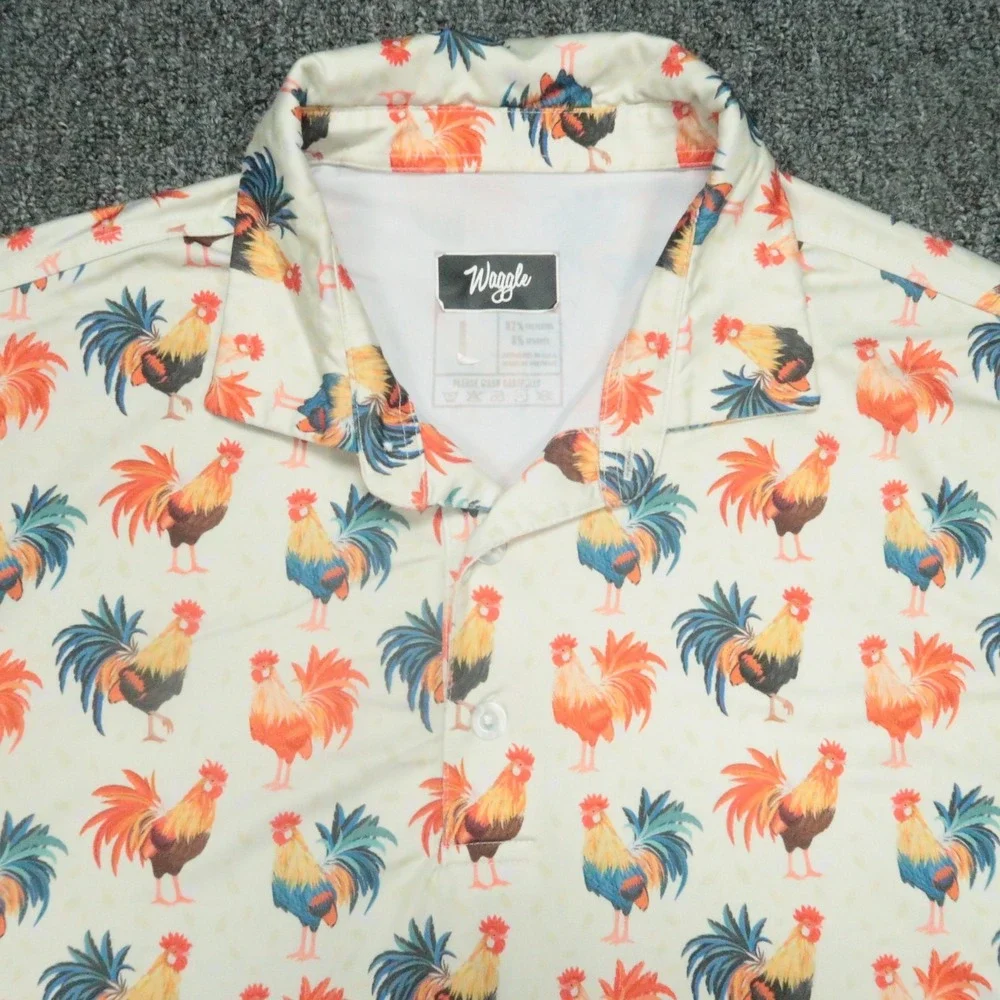 Waggle Shirt Mens Large Cream Cocky Rooster Performance Short Sleeve‎ Golf Polo - Picture 2 of 8